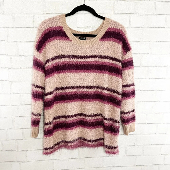 Torrid Pink Striped V Neck Fuzzy Eyelash Sweater Women's Plus Size 00 - Picture 2 of 10